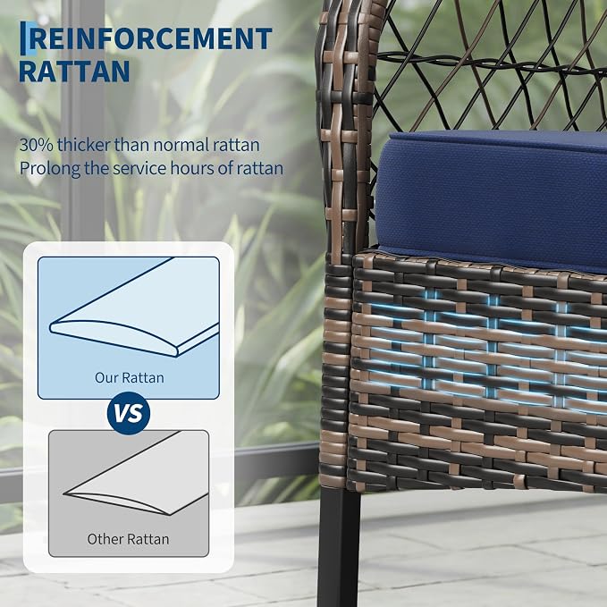 Garvee 3 pcs Outdoor Rocking Bistro Set, Wicker Rocking Bistro Set with Thick Cushions, Outdoor Rocker Chairs and Coffee Table for Porch, Backyard or Garden (Brown&Blue)