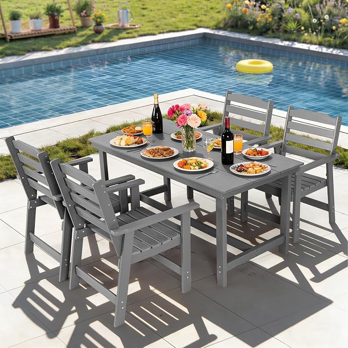 FUNBERRY Outdoor Dining Set, HDPE 5 Piece Dining Table Set with Chairs | 2" Umbrella Hole Table, Wood-Grain, HDPE All Weather, No Rot or Rust or Crack, UV Fade Shield, Easy-Clean for Outside