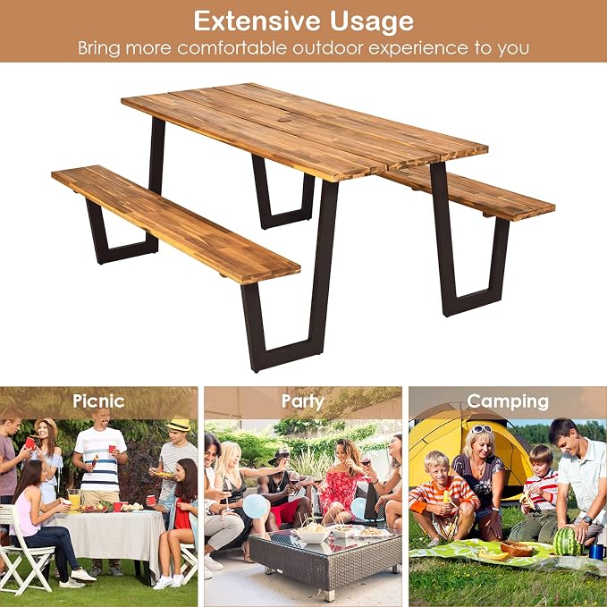 S AFSTAR 70" Outdoor Picnic Table, Heavy Duty Wooden Table and Bench Set with Umbrella Hole, All-Weather Acacia Wood Picnic Tables for 6, Garden, Backyard, Porch, Patio