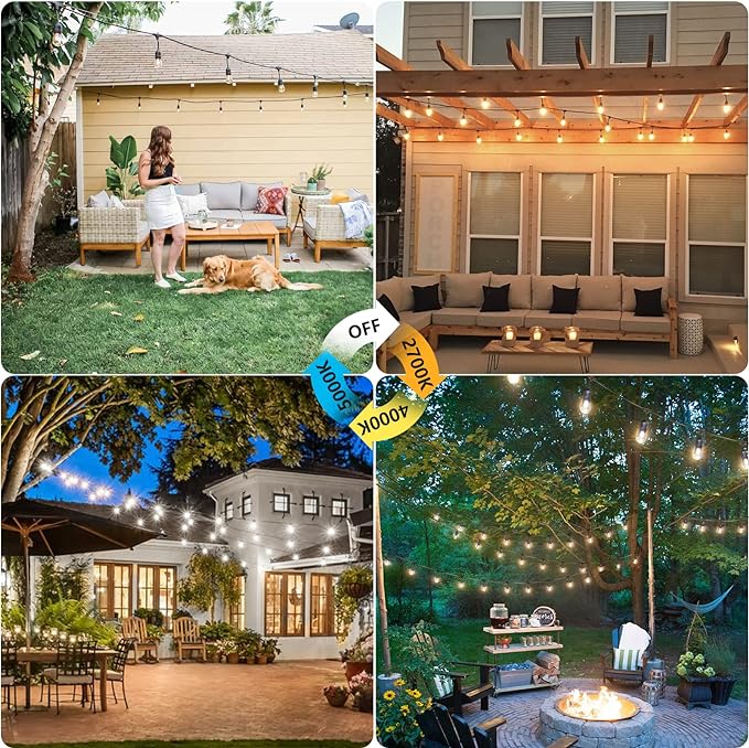 3 Color Outdoor LED Dimmable String Lights with Remote 48FT, Black | Plug in, Jump/Fade/Static Modes, 2700K/4000K/5000K, 15 S14 Bulbs, Shatterproof, Waterproof, Linkable, Backyard Patio Decor