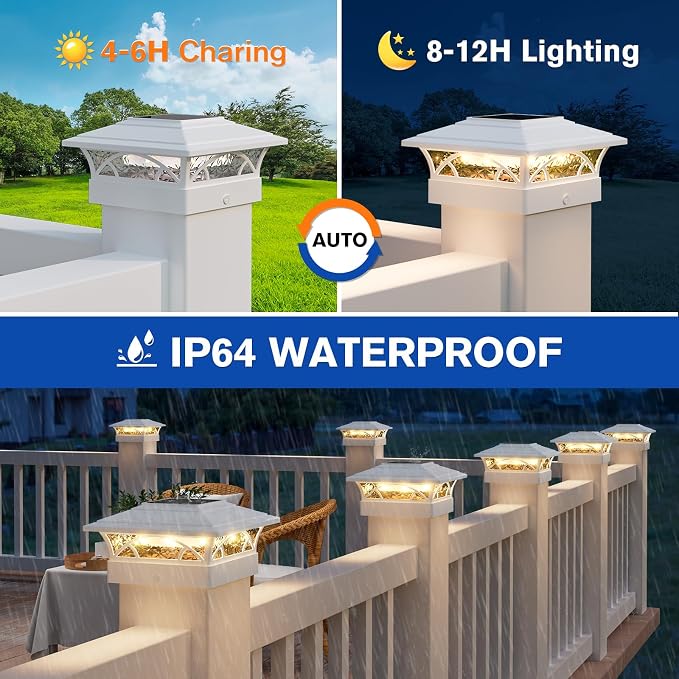 APONUO Solar Post Cap Lights 6 Pack - 4x4 5x5 6x6 Fence Post Lights, Auto On/Off, Waterproof IP64, 2-Mode (Warm/Cool White), Deck Patio Yard Solar Light for Wood & Vinyl Posts, White