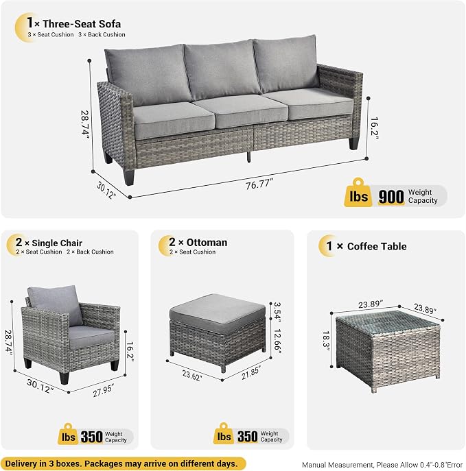 ovios 6 Pieces Patio Furniture Set, Outdoor Wicker Sofa Couch with Glass Table Comfy Cushions, All Weather Grey Rattan Conversation Set for Backyard Deck Porch, Dark Grey