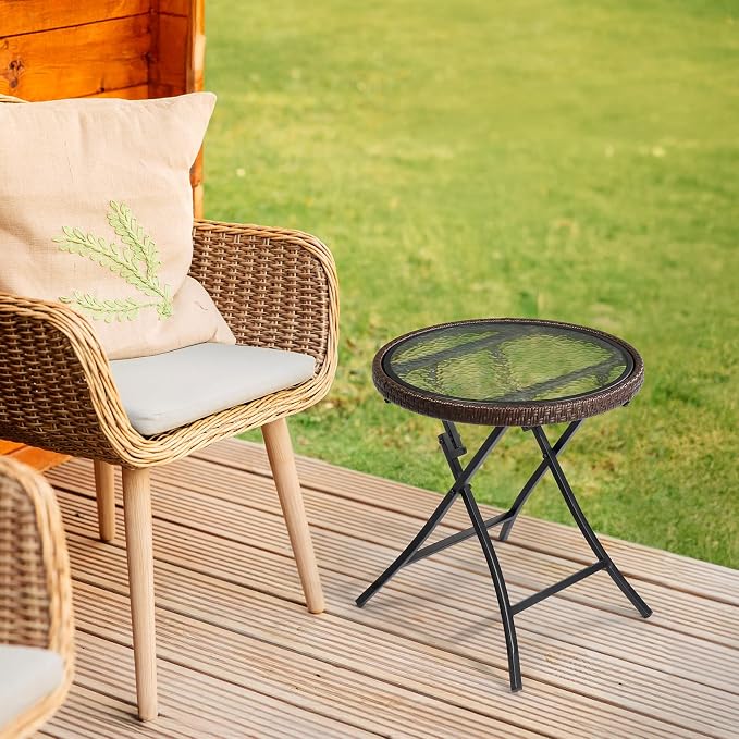 VINGLI 19in Modern Brown Rattan Folding Glass Outdoor Side Table, Small Patio Table with Tempered Glass Top,Round,1 Pack