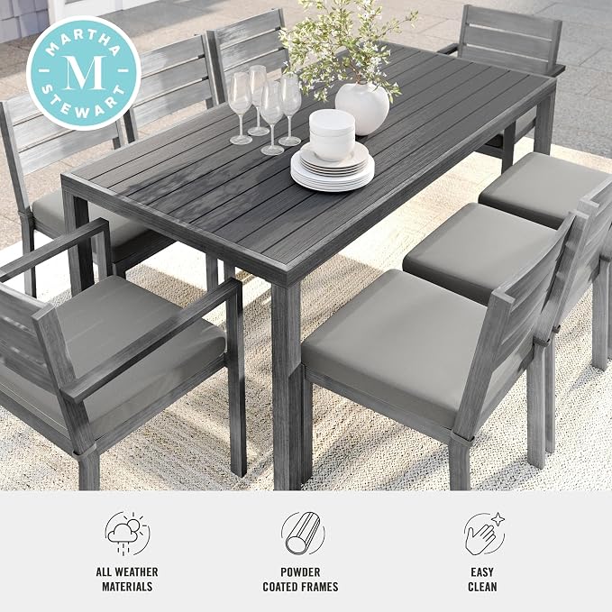 Martha Stewart Bedford 71" Indoor-Outdoor Aluminum Patio Table with Umbrella Hole and Brushed Woodgrain Finish in Gray