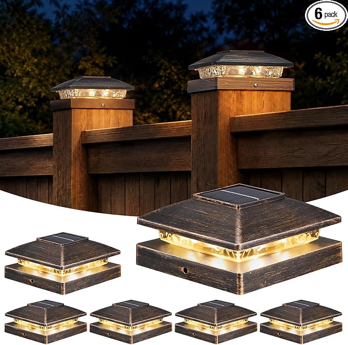 APONUO Solar Post Cap Lights for 4x4 Posts - IP64 Waterproof, Warm White, Wireless Fence Lights & Deck Lights for Patios, Gardens, and Yards, Brushed Copper, 6 Pack