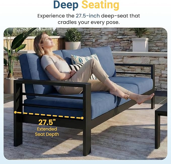 Wisteria Lane 5 Pieces Aluminum Patio Furniture Set with Umbrella, All Weather Oversized Outdoor Furniture Set with Deep Seat and Back Cushion, Patio Conversation Sets with Wide armrest, Blue & Kahki