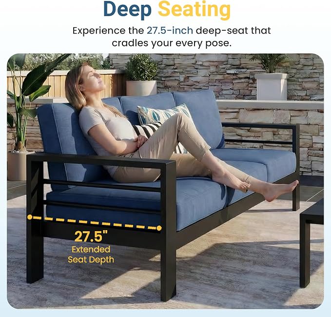 Wisteria Lane 5 Pieces Aluminum Patio Furniture Set with Umbrella, All Weather Oversized Outdoor Furniture Set with Deep Seat and Back Cushion, Patio Conversation Sets with Wide armrest, Blue & Gray