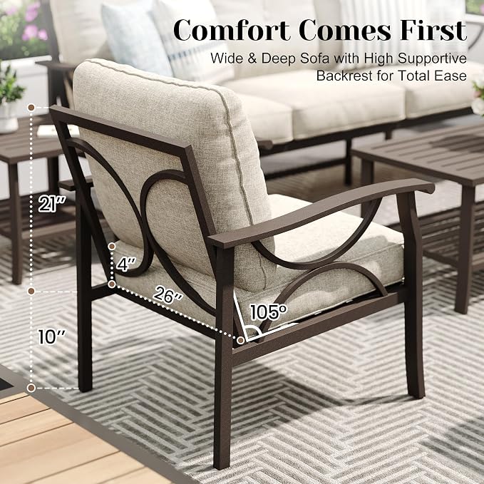 FansaFurn 7-Pieces Outdoor Patio Furniture Set, Outdoor Metal Sectional Furniture with Cushions, Outdoor Conversation Seating Set with Coffee Table for Backyard,Garden, Balcony, Deck, Backyard, Khaki