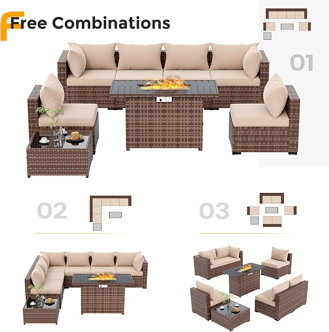 UDPATIO Furniture Set with Fire Pit Table, 8 Piece Sectional Sofas, All-Weather Wicker Conversation for Garden, Backyard, Khaki