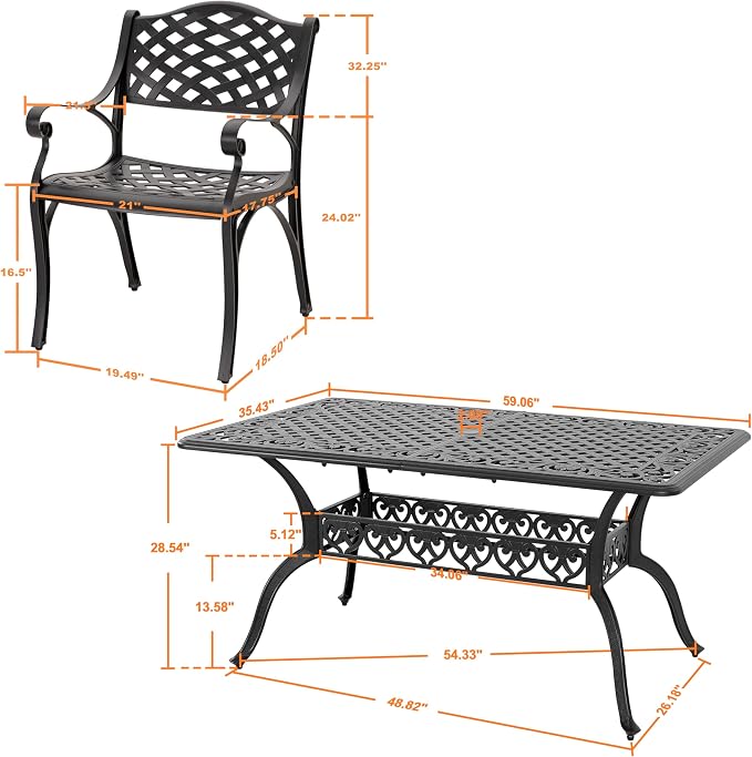 NUU GARDEN 7 Pieces Outdoor Patio Dining Sets, Cast Aluminum Rectangle Patio Table with Umbrella Hole and 6 Bistro Chairs, Armrest Dining Chairs and Bistro Table for Balcony, Backyard, Black