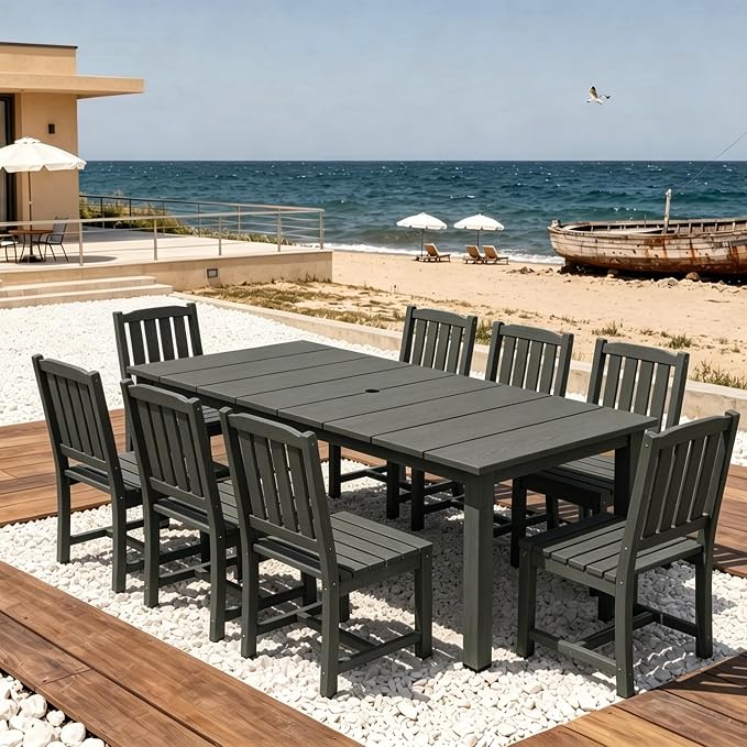 AreShark 9-Piece Outdoor Dining Set,HDPE Patio Table with 8 Armless Chairs,All-Weather Patio Furniture Set with Umbrella Hole,Low Maintenance Wood Grain Dining Set for Backyard,Garden,Poolside,Black