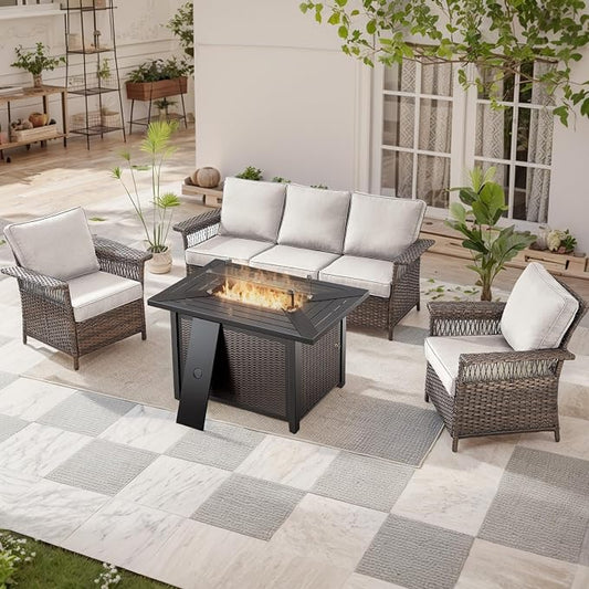 Patio Furniture Set with Fire Pit Table, 4PCS Patio Conversation Set Brown Resin Wicker Patio Chair and Sofa with 43in Rectangular Iron Firepit Table PE Rattan Patio Furniture Set