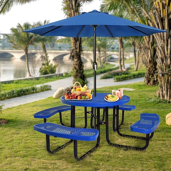 Heavy Duty Picnic Table for Outdoors 3200 lbs Load All Metal Dining Table with Umbrella Hole up to 1.5", Round Camping Table for Commercial Picnic Table with Benches, Blue