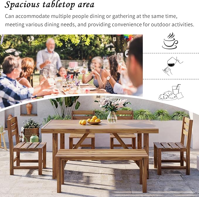 RUNNA Acacia Wood 6-Piece Outdoor Dining Set, Minimalist Patio Furniture with Dining Table,Bench and 4 Chairs for Garden, Balcony, Poolside (Natural Wood-A1)