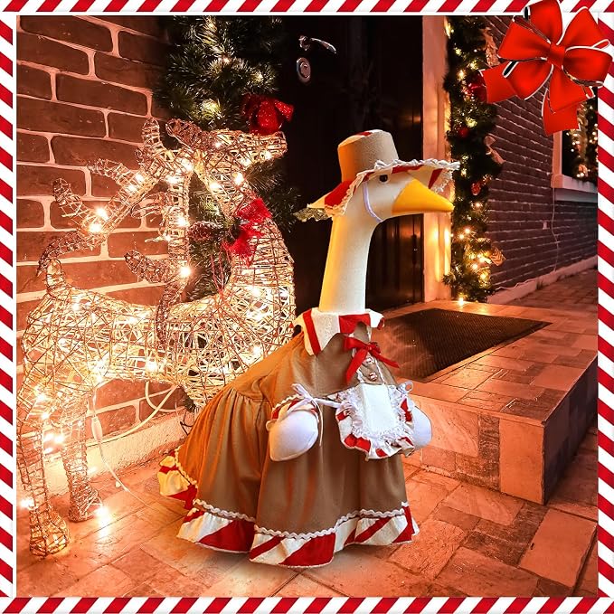 Christmas Porch Goose Outfit 23 Inch Red White Candy Goose Clothes for Cement or Plastic Geese Costume for Yard Lawn Garden Patio Outdoor Concrete Santa Duck Statue Dresses Gingerbread Holiday Decor