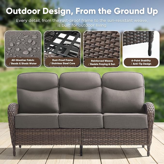 HUMMUH Outdoor Couch with 6-inch Thick Cushion, Luxury High Back Patio Furniture Set -Patio Sofa with Ottomans,3PCS Wicker Conversation Set for Deck Yard and Porch