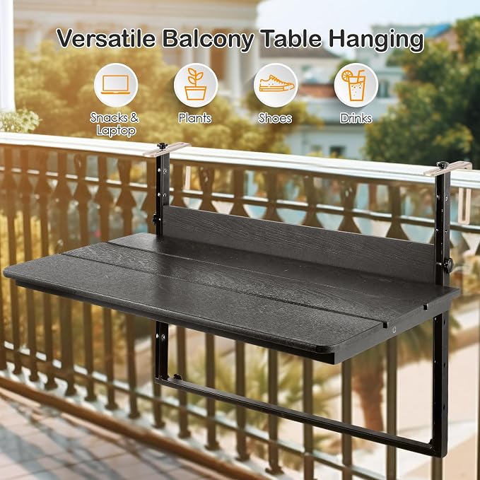 Balcony Railing Hanging Table Outdoor Folding Balcony Bar Table for Railings, Fit Railings 1" to 5.5", Adjustable Height Deck Railing Table for Garden Patio, 47.2" x 15.0", Black