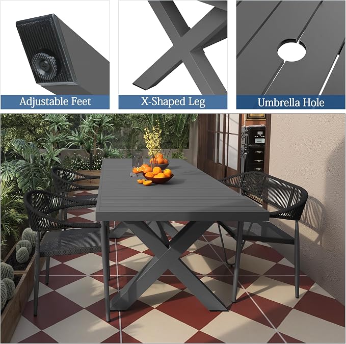 83'' 32'' Extendable Outdoor Dining Table for 6-8, Aluminum Frame with Umbrella Hole for Patio, Garden, Backyard, Deck, Poolside (Dark Gray)
