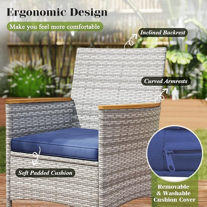 KOTEK Outdoor Dining Set for 8, Wicker Patio Dining Table and Chairs Set with Cushions & 2'' Umbrella Hole, 9 Pcs PE Rattan Patio Furniture Set for Garden, Deck, Backyard (Navy)