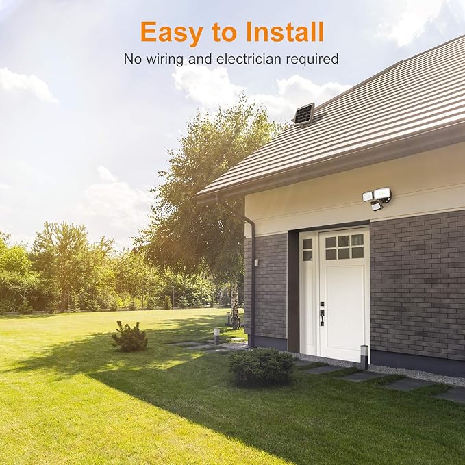 LEPOWER LED Solar Security Lights 1000LM Solar Powered Flood Lights Outdoor | 2 Head Solar Powered Flood Lights, 5500K, Easy Installation, IP65 Waterproof for Garage, Yard, Porch, Garden, Driveways-Brown
