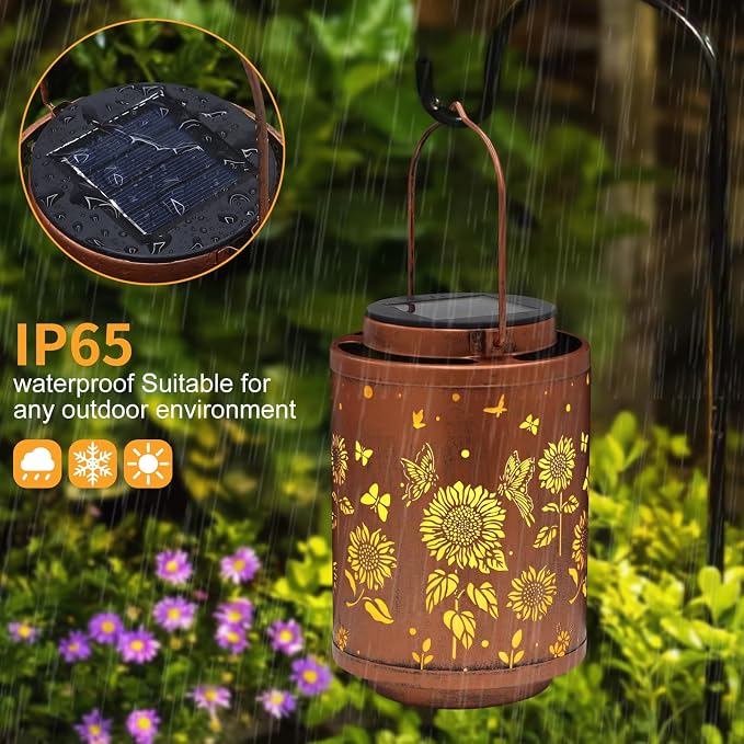 2 Pack Solar Outdoor Lanterns Butterflies Garden Decor LED Light Hanging | Waterproof Solar Metal Lanterm Gifts for Women Mon Grandma Sunflower Solar Lights Outdoor Decoration