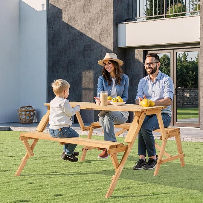 VEVOR 2-in-1 Transforming Interchangeable Picnic Table, Outdoor Wooden Table and Bench Set, Portable Foldable Bench with Umbrella Hole, Patio Dining Furniture for Garden, Backyard, Porch (Brown)
