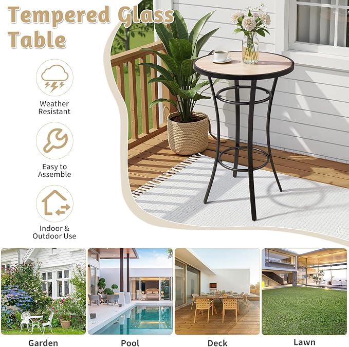 Outvita 39" Outdoor Bar Height Bistro Table, Stylish Round Pub Table with Wooden-Like Top & Sturdy Metal Frame for Patio Dining