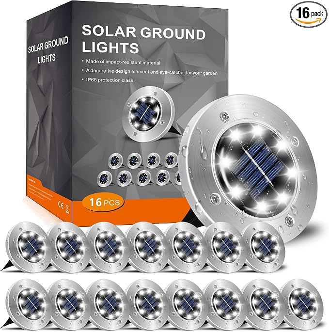 INCX 16 Pack 4.6 Inch Solar Ground Lights Outdoor, Waterproof, Cold White | 8 LEDs, 600mAh Ni-MH battery, 8-10 hr runtime, stainless steel and ABS body, garden lights for pathways, lawns and driveways
