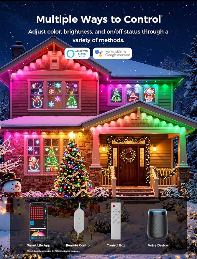 CDN House's Permanent Outdoor Lights, 100FT RGB+IC Outdoor Decor, 111 Scene Modes, 60 LED Lights with Smart APP & Remote Control, IP65 Waterproof, String Lights for Daily Holiday Decorations