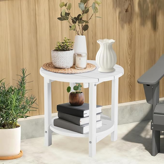 LZRS Adirondack Side Table Double End Table, Outdoor Coffee Tables for Patio, Backyard,Pool, Indoor Companion, Easy Maintenance & Weather Resistant(White)