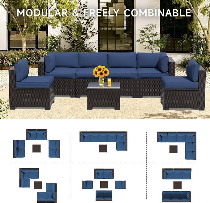 7 Pieces Outdoor Patio Furniture Set, Wicker Modular Sectional Sofa, All Weather Conversation Sets with Glass Table for Yard, Garden, Poolside, Dark Brown Rattan & Navy Blue Cushions