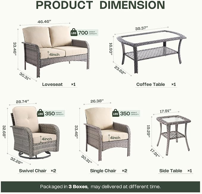 7-Piece Patio Furniture Set, Outdoor Wicker Furniture with Coffee Table, High Back Swivel Rocker Patio Chairs, Modern Rattan Outdoor Chairs Conversation Set for Porch, Balcony, Garden, Beige