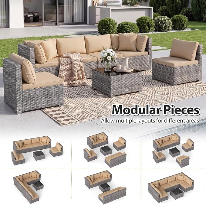 Tangkula 7 Pieces Wicker Sectional Patio Furniture Set, PE Rattan Sofas with Tempered Glass Coffee Table, Pillows & Cushions, Outdoor Wicker Conversation Set for Porch, Yard & Poolside, Grey & Beige