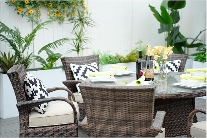 Patio Atina 7 Pieces Rattan Outdoor Dining Sets in Brown