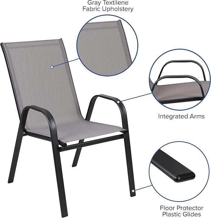 EMMA + OLIVER Seven Piece Indoor/Outdoor Dining Set - Metal Table with Tempered Glass Top - Six Gray Flex Comfort Chairs- Umbrella Hole - All Weather