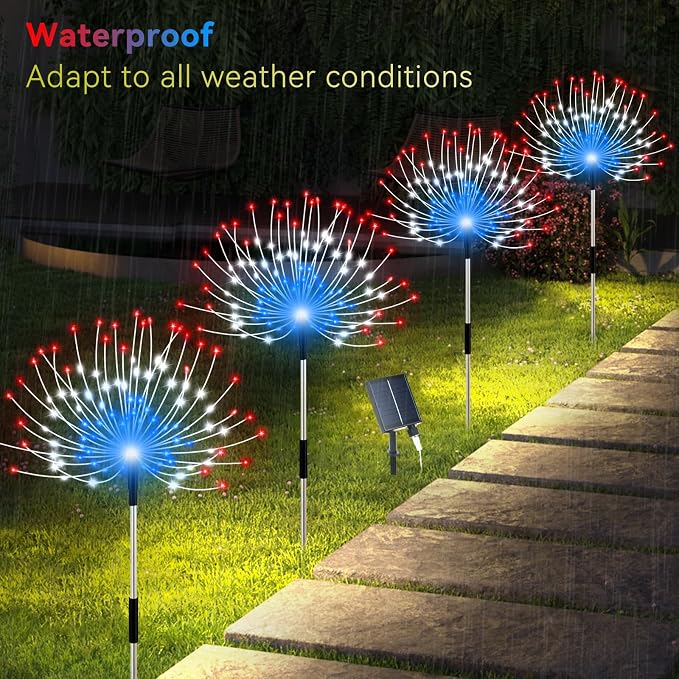 Slyuexu Solar Garden Lights Outdoor, 4 Pack Total 480 LED Solar Firework Lights Decorative 4th of July Decoration, Outdoor Waterproof Lights for Outside Yard Garden Pathway Decor