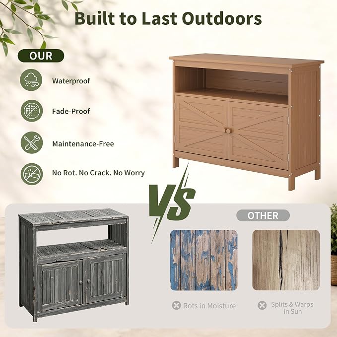 HIPS All-Weather Outdoor Storage Cabinet,Outdoor Sideboard with Magnetic Doors,3-Shelves Patio Storage Cabinet, Used for Garden,Buffet Cabinet,TV Stand, Bar Table,Balcony