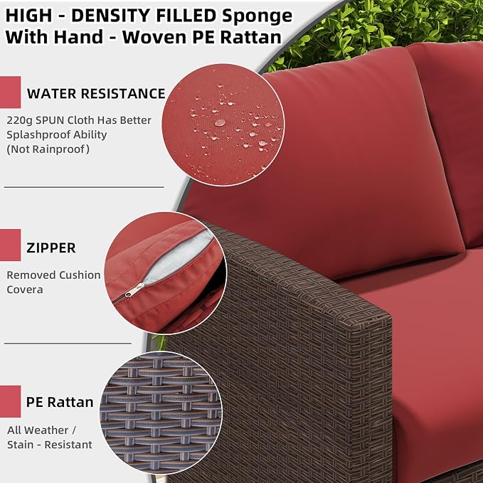 AECOJOY Outdoor Patio Furniture Set, 7 Pieces Clearance Sectional Rattan Dining Table&Chairs, All Weather Wicker Conversation Sofa Couch with Ottoman, Wine Red Cushions&Brown Rattan