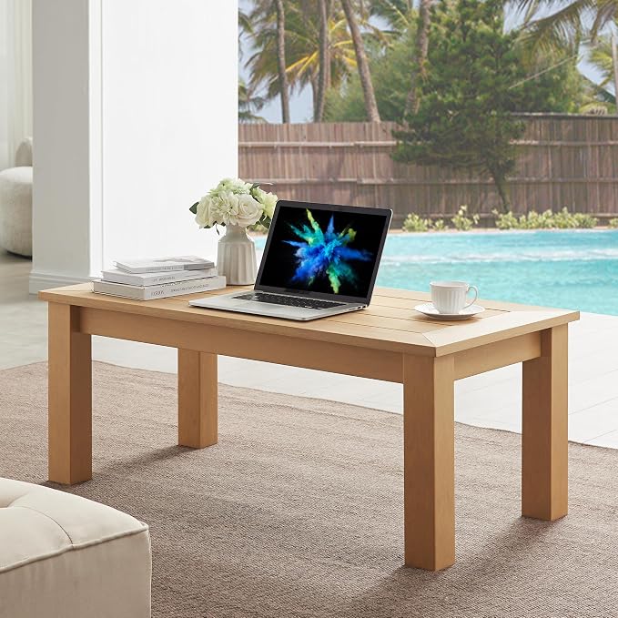 Outdoor Coffee Table Rectangle, 47" Poly Lumber Patio Coffee Tables for Outside, All Weather Outdoor Coffee Tables for Patio, Garden, Balcony, Lawn, Porch, Modern Patio Table (Teak Color)
