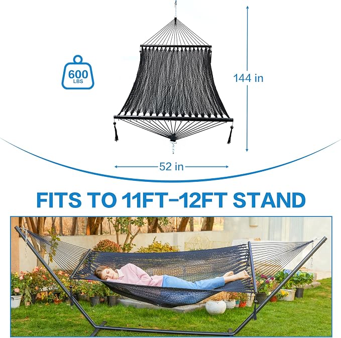 PNAEUT Double Rope Hammocks for Outside, Handwoven Double Caribbean Hammock with Spreader Bar for Outdoor Indoor, Max 600 lbs Capacity (Abyss)