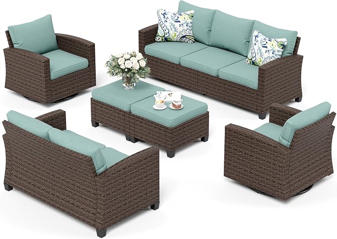 SUNSHINE VALLEY Swivel Glider Patio Furniture Set Outdoor Furniture Brown Wicker Rattan Patio Conversation Sets with Cushion Outside Sofa Set,6 Pieces 9 Seats,Blue