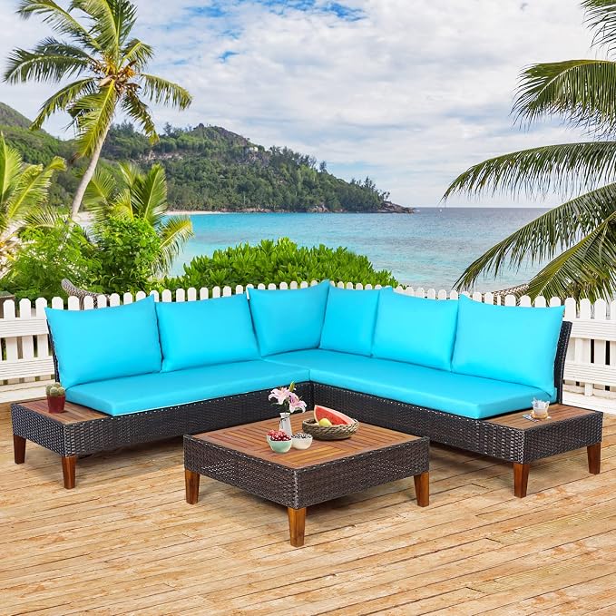 Tangkula 4 Pieces Acacia Wood Patio Furniture Set, Patiojoy L Shaped Wicker Corner Sectional Sofa Set with Thick Cushions, Coffee Table, for Backyard, Garden, Poolside and Deck (Turquoise)