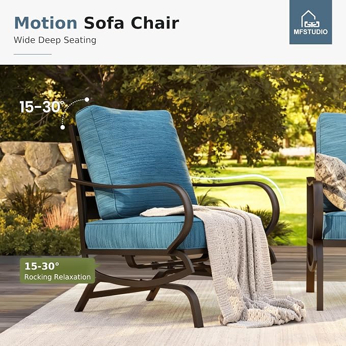MFSTUDIO 6 Pieces Patio Furniture Sets with 45" Gas Fire Pit Table(Up to 7 Seat), Metal Frame Outdoor Conversation Sofas with 1 x 3-Seat Sofa, 2 Rocking Chairs and 2 Ottoman, Peacock Blue Cushion