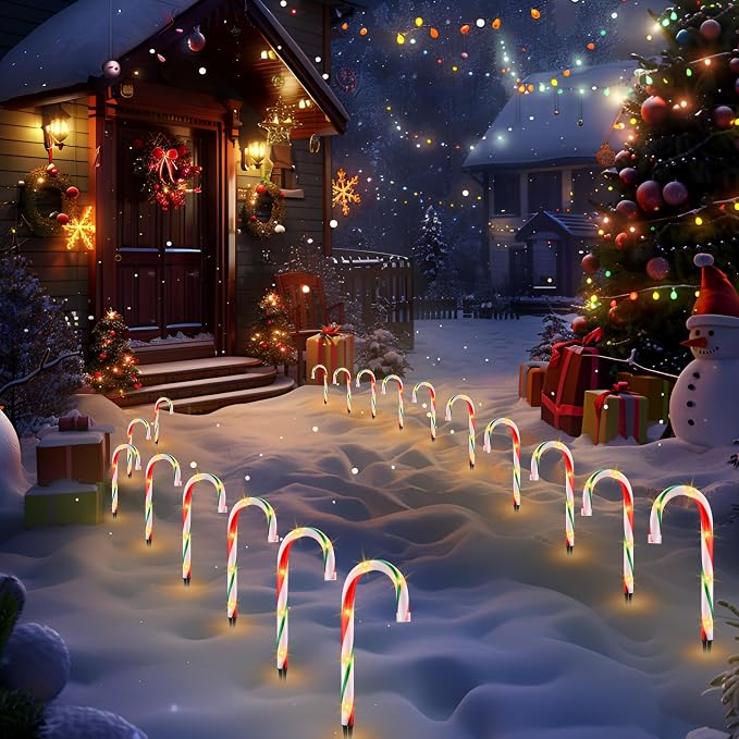 VCOKEN 10'' Christmas Candy Cane Lights Outdoor Pathway, Set of 10 Christmas Candy Cane Markers Waterproof, Light Up Xmas Decoration with Stakes for Holiday Party Yard Art Indoor Outdoor