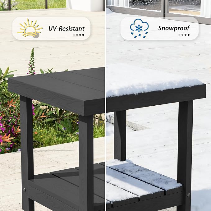 2-Tier HDPE Outdoor Square Side Table, Heavy-Duty Patio Side Table with Storage Shelf, Weather-Resistant Adirondack End Tables for Backyard, Pool, Porch, Garden, Lawn, Black