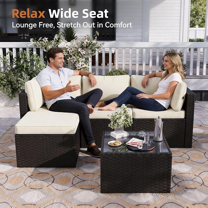 Aoxun Patio Furniture Set 5-Piece, Outdoor Sectional Sofas with Washable Cushion, Wicker Rattan Patio Conversation Sets for Backyard Porch and Poolside, Beige