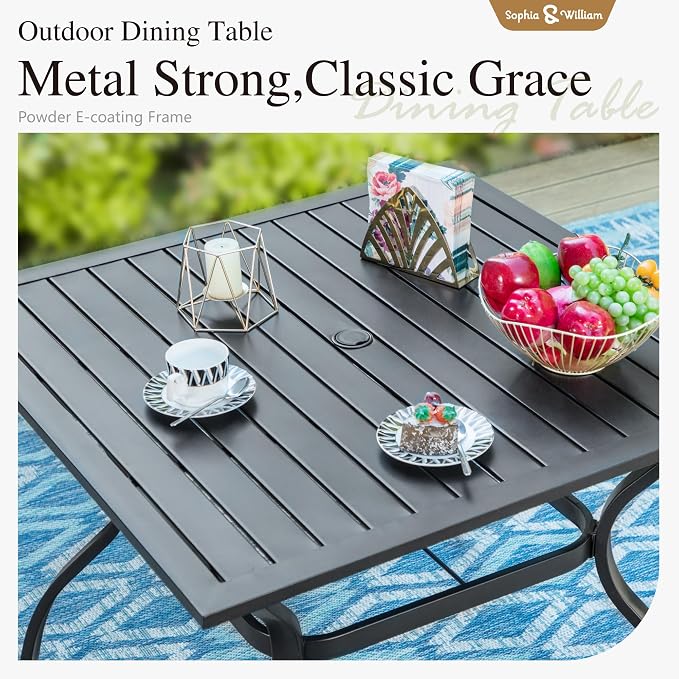 Sophia & William Patio Dining Set, Steel, Black | Umbrella Hole, Swivel Chairs, E-Coated, Cushions Included, For Patio, Garden and Yard