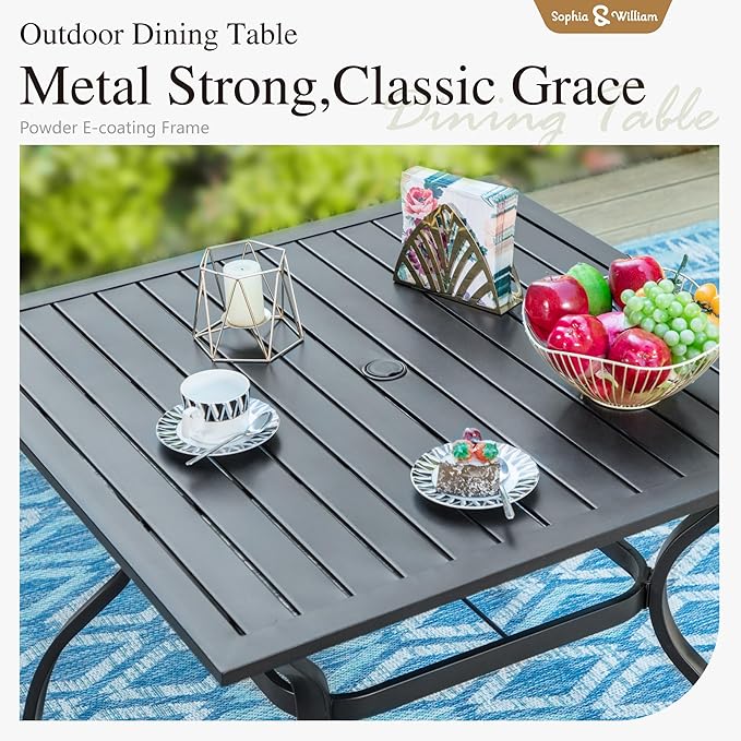 Sophia & William 5 PCS Patio Table and Chairs Set,37" Black Square Table | Stackable Chairs w/ Umbrella Hole,Weather-Resistant,E-Coated,Perfect For Patio,Garden and Yard