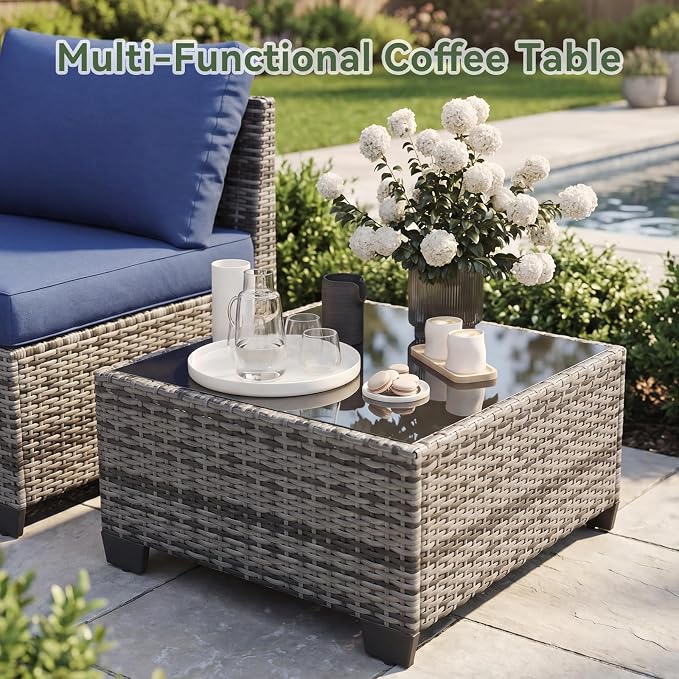 Aoxun 10-Piece Patio Furniture Set with 44” Fire Pit Table, Widen Armrests Wicker Rattan Outdoor Sectional Sofa with Swivel Chairs, Outdoor Patio Furniture Set with Thick Cushions & Ottoman, Blue