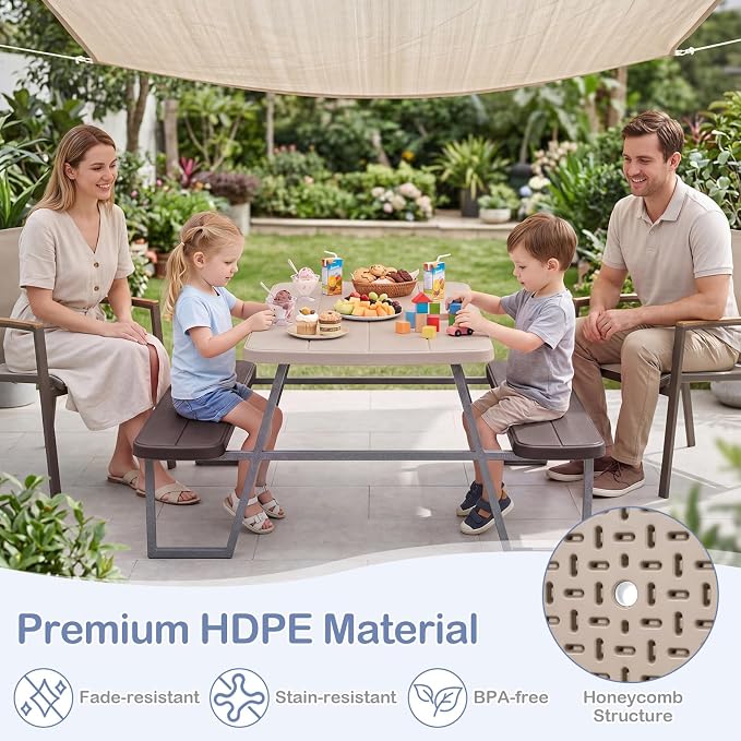 KOTEK Kids Picnic Table with Umbrella, Toddler Outdoor Table and Bench Set, Easy to Clean, HDPE Top & Metal Frame, 660LBS Capacity, Kids Patio Furniture for Backyard Park Garden (Coffee)